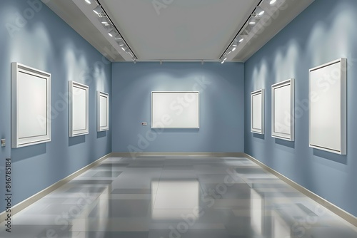 An art gallery with muted blue walls, showcasing empty white frames in a staggered formation, illuminated by gentle spotlight lamps from the ceiling, creating a calm and contemporary ambiance.