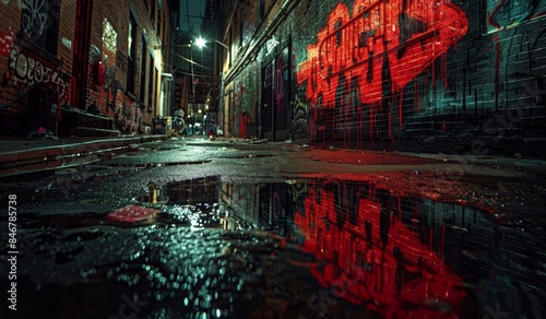 Street scene at night with reflections of red lights on the ground