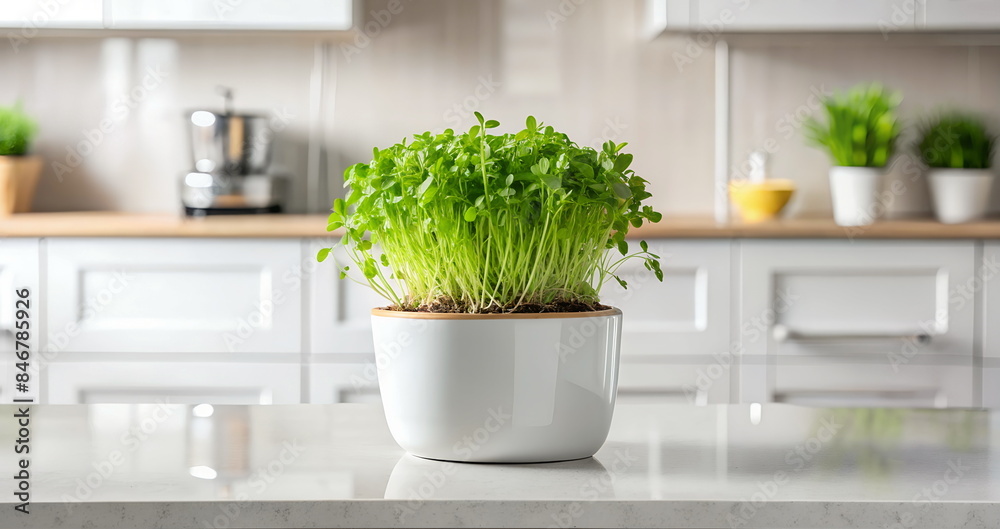 Microgreen sprouts in pot on white table on blured kitchen background banner.Home grown healhy superfood. Vegan and healthy eating concept.Copy space Microgreen sprouts in pot on white table on blured kitchen background banner.Home grown healhy superfood. Vegan and healthy eating concept.Copy space