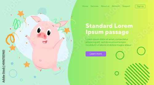 Piglet with confetti illustration. Jumping piglet with confetti. New Year, fairy tales concept can be used for banner, poster, landing page