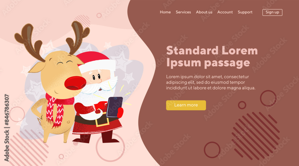 Santa Claus and reindeer taking selfie. Cartoon characters with smartphone. Christmas, North Pole, communication, technology concept can be used for banner, website design or landing page Santa Claus and reindeer taking selfie. Cartoon characters with smartphone. Christmas, North Pole, communication, technology concept can be used for banner, website design or landing page