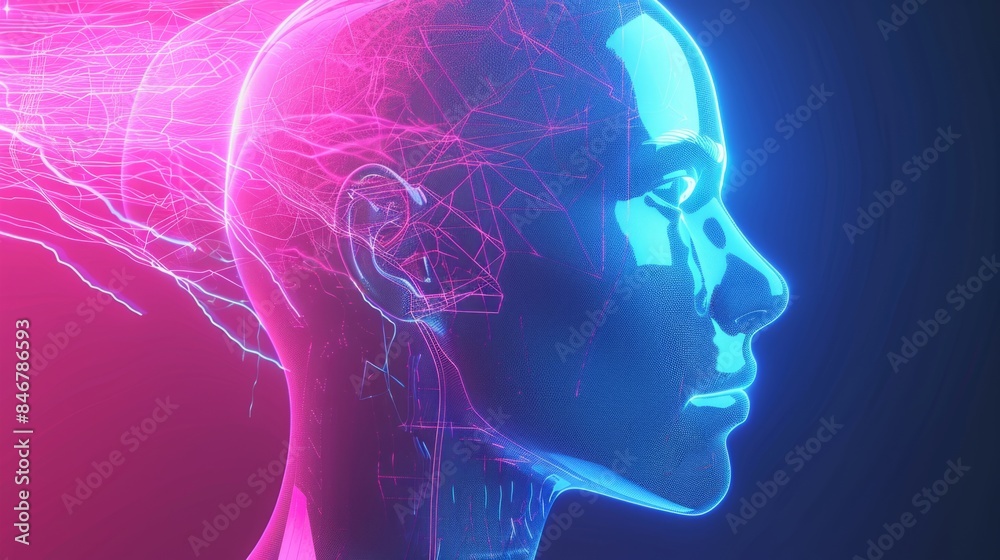 3D render of an AI humanoid head with glowing circuitry and data streams, set against a dark background with neon blue lights.