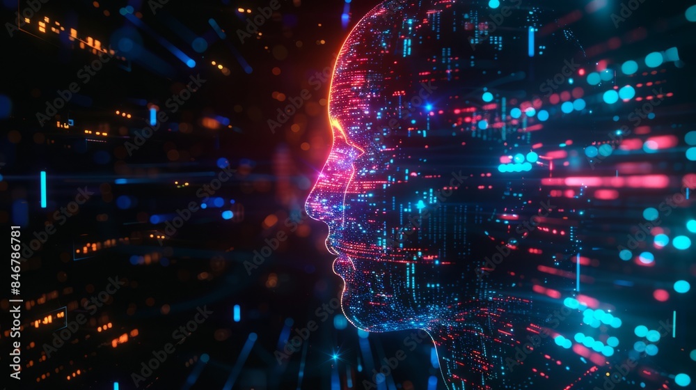 3D render of an AI humanoid head with glowing circuitry and data streams, set against a dark background with neon blue lights. 3D render of an AI humanoid head with glowing circuitry and data streams, set against a dark background with neon blue lights.