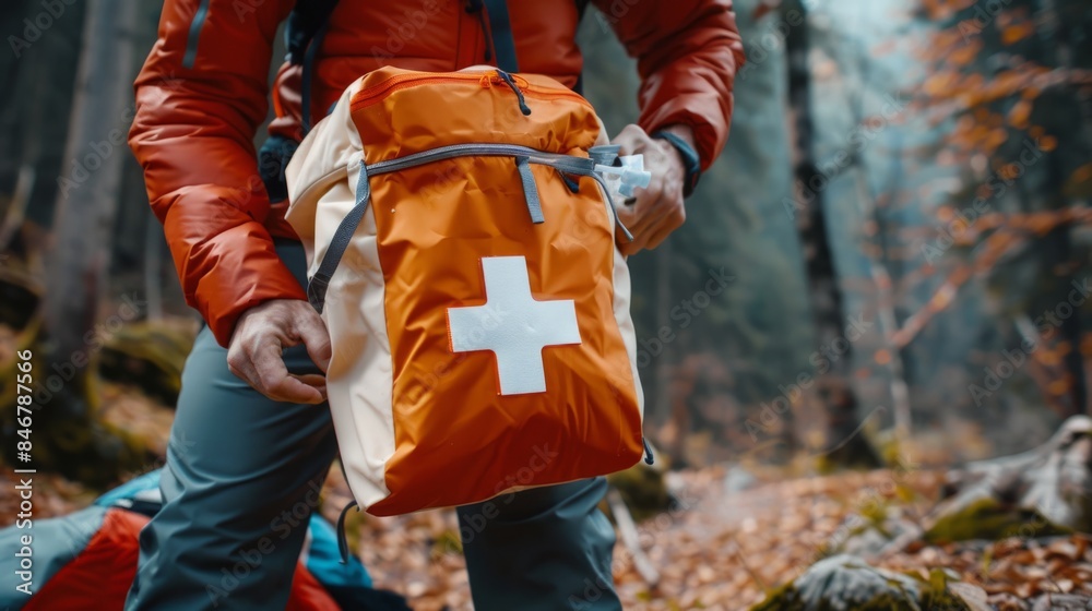 Close up of a hiker's hand taking a first aid kit from a backpack in a forest. Close up of a hiker's hand taking a first aid kit from a backpack in a forest.