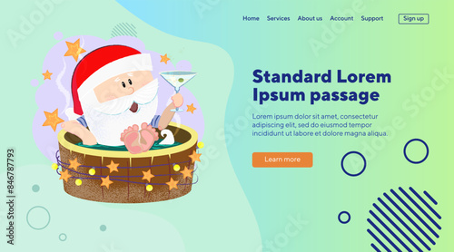 Cartoon Santa drinking cocktail and having outdoor bath at spa resort. Christmas vacation concept. Vector illustration can be used for flyers, festive poster, landing page, wesite design