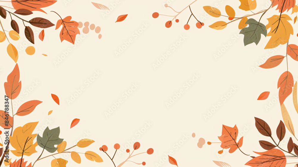 Off-white background framed by illustrated autumn leaves in warm tones, ideal for seasonal designs, fall-themed gift cards, postcards, or other content Off-white background framed by illustrated autumn leaves in warm tones, ideal for seasonal designs, fall-themed gift cards, postcards, or other content
