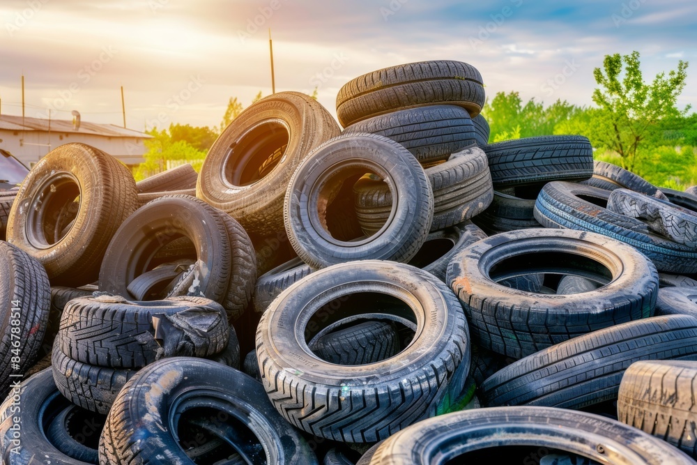Industrial waste management piles of car tires stored in factory storage area to show concept Industrial waste management piles of car tires stored in factory storage area to show concept