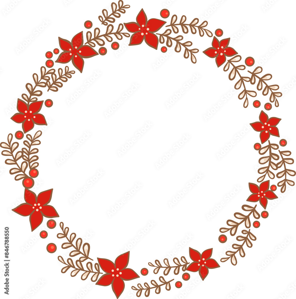 Fototapeta premium Abstract bunch of leaves ,red flower with red berry Christmas wreath for decoration on Christmas holiday, winter seasonal and new year festival.