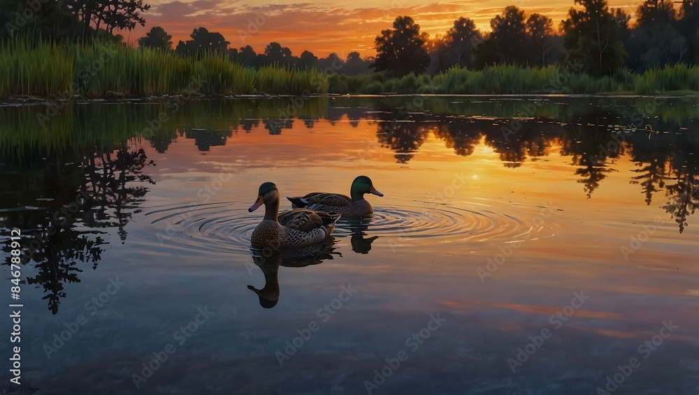 A painting depicting the reflection of a colorful sunset mirrored in the calm surface of a pond where ducks leisurely paddle ai_generated A painting depicting the reflection of a colorful sunset mirrored in the calm surface of a pond where ducks leisurely paddle ai_generated