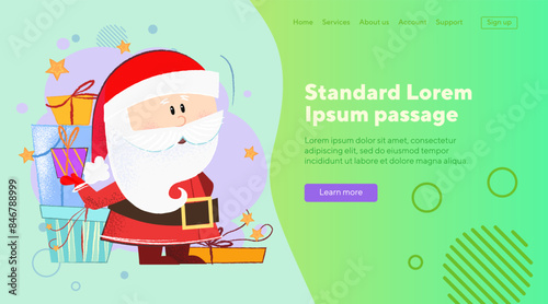 Cute Santa Claus with gift boxes. Christmas design element. Presents, holiday concapt can be used for banner, website design, landing page