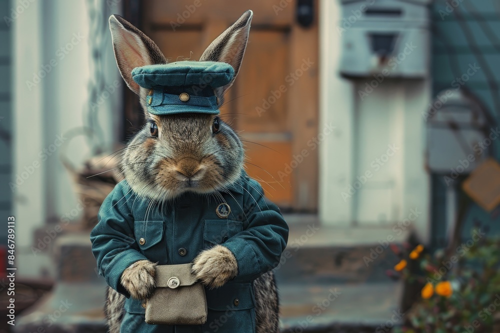 Postal Bunny - Whimsical Rabbit in Uniform Delivering Mail by Mailbox Postal Bunny - Whimsical Rabbit in Uniform Delivering Mail by Mailbox