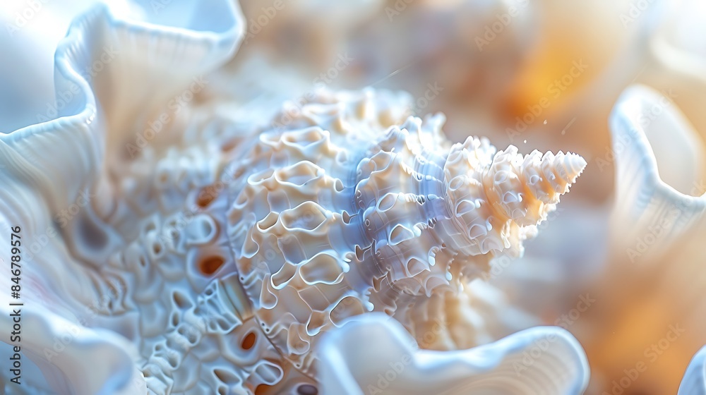 Close-up of a delicate sea shell showcasing intricate patterns, set against a crystal-clear background Close-up of a delicate sea shell showcasing intricate patterns, set against a crystal-clear background