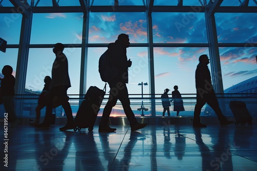 Silhouettes of people walking through JFK Airport with luggage, captured at sunset. Generative AI