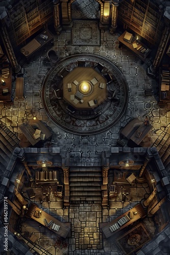 DnD Battlemap The Study in a Wizard's Spire - A magical scene with books and potion bottles. © Fox