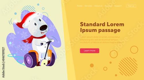 Happy Christmas dog riding gyroscooter. Christmas vacation concept. Vector illustration can be used for banner design, festive poster, landing page