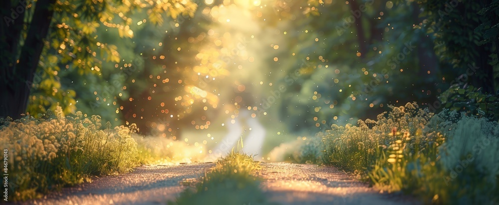 A path through a wooded area with sunlight shining through.