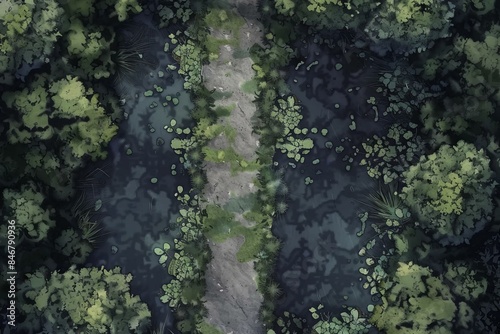 DnD Battlemap Top-down aerial view of a swamp.