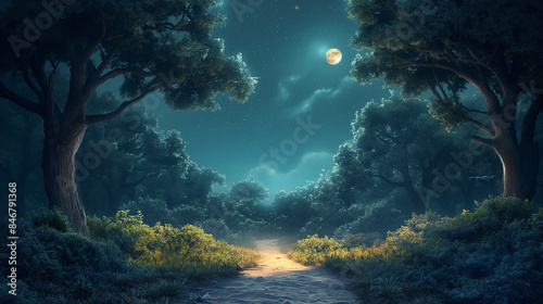 Watercolor illustration that depicts a nocturna, watercolor night forest illustration background