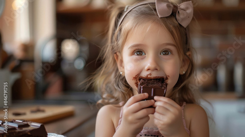 a tiny beautiful girl eating chocolate on kitchen background