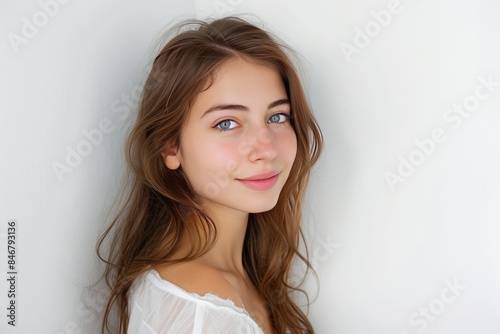 Pretty young woman with an alluring gaze and subtle smile, set against a white isolated background. photo on white isolated background