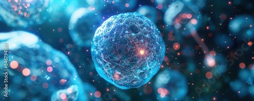 Holographic representation of stem cell division, digital interface, cyberpunk style, dark and moody, neon blue