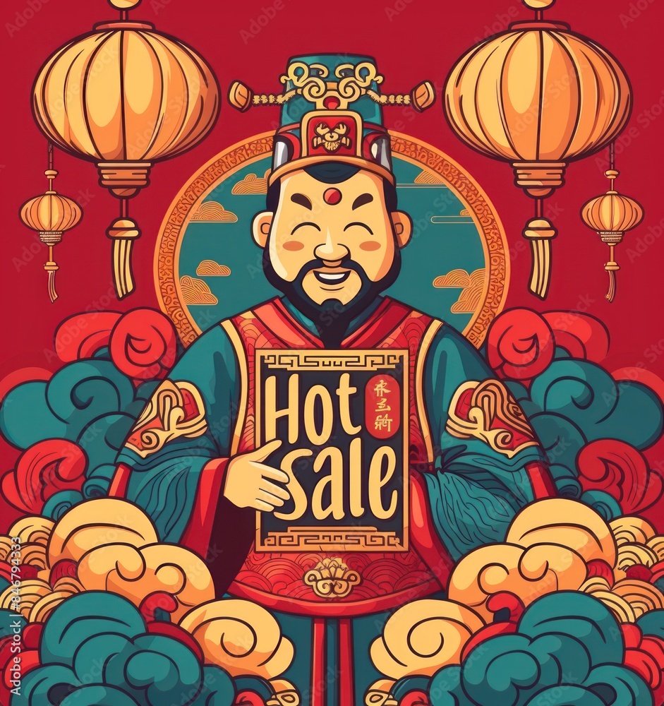 Obraz premium A vibrant, illustrated character of a traditional Chinese figure, representing wealth or prosperity, holding a 