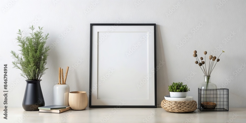 Mockup of an empty frame on the wall in the living room. AI generated Mockup of an empty frame on the wall in the living room. AI generated