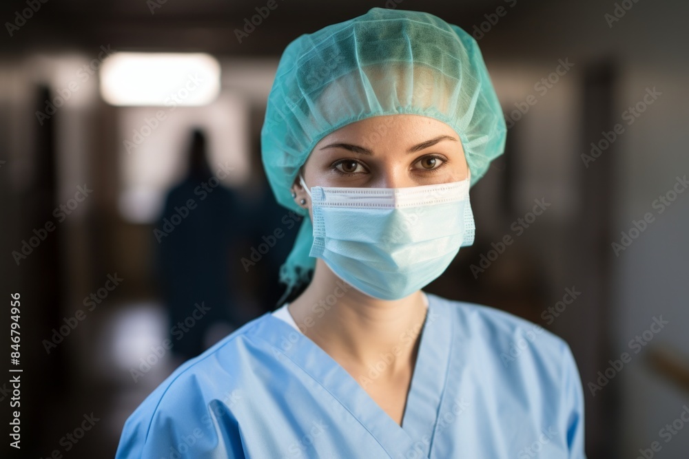 A dedicated female healthcare worker, dressed in a blue medical scrub, stands in a hospital corridor with a calm and focused expression. Her eyes convey a sense of determination and care, A dedicated female healthcare worker, dressed in a blue medical scrub, stands in a hospital corridor with a calm and focused expression. Her eyes convey a sense of determination and care,