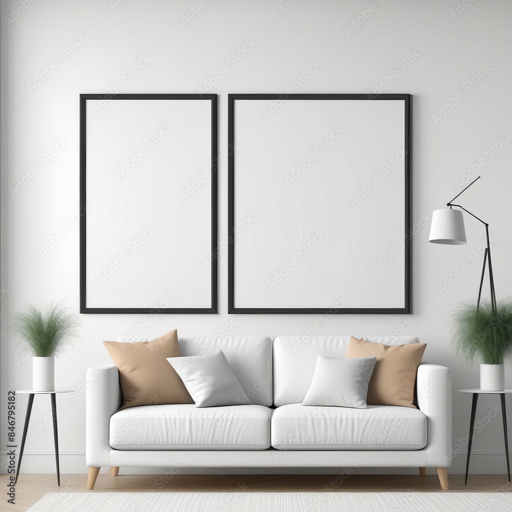 Mockup of an empty frame on the wall in the living room. AI generated Mockup of an empty frame on the wall in the living room. AI generated