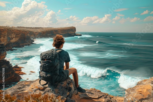 A young man with a backpack sits on a cliff overlooking the ocean, taking in the beautiful scenery. Generative AI photo