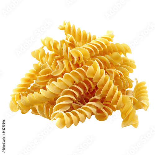 A pile of uncooked fusilli pasta isolated on a transparent background.