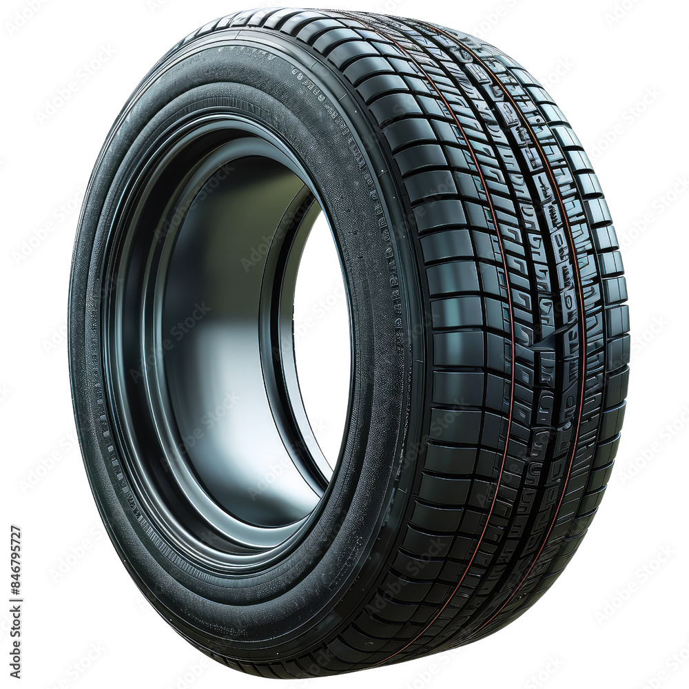 The image is a beautiful rendering of a single black tire. The tire has a shiny surface and a detailed tread pattern. The tire is mounted on a silver rim isolated on a transparent background.