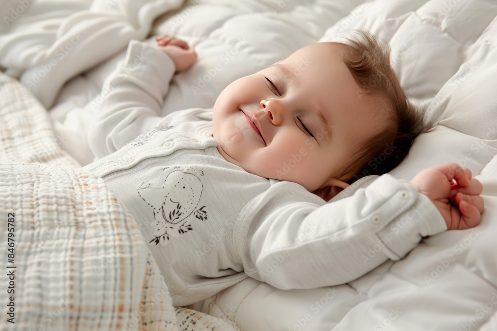 Adorable baby sleeping soundly on a comfortable bed with a plaid blanket, arms stretched out and a serene smile. Adorable baby sleeping soundly on a comfortable bed with a plaid blanket, arms stretched out and a serene smile.