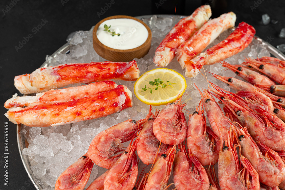 Enjoy a lavish Fresh Seafood Platter with Shrimp, Crab Legs, and Dipping Sauce, all on ice. Close up Enjoy a lavish Fresh Seafood Platter with Shrimp, Crab Legs, and Dipping Sauce, all on ice. Close up