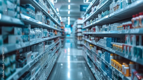 The image depicts an aisle in a contemporary pharmacy, lined with shelves stocked with various medicines and health products