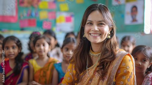 young beautiful schoolteacher standing in classroom © Neha