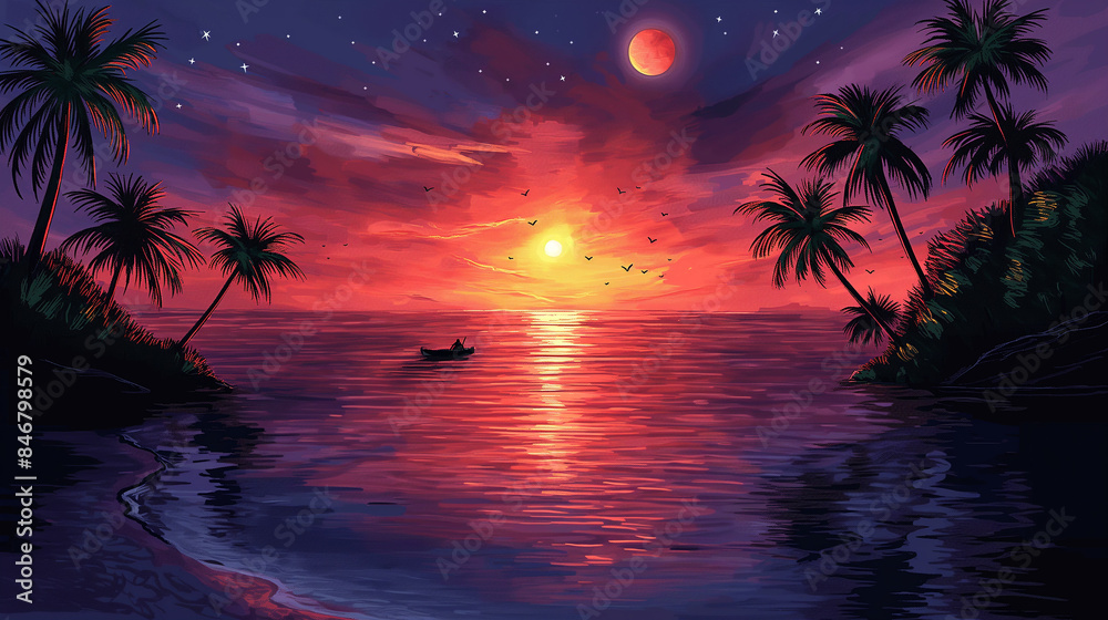 Watercolor Sunset painting with palm trees birds and orange sun
