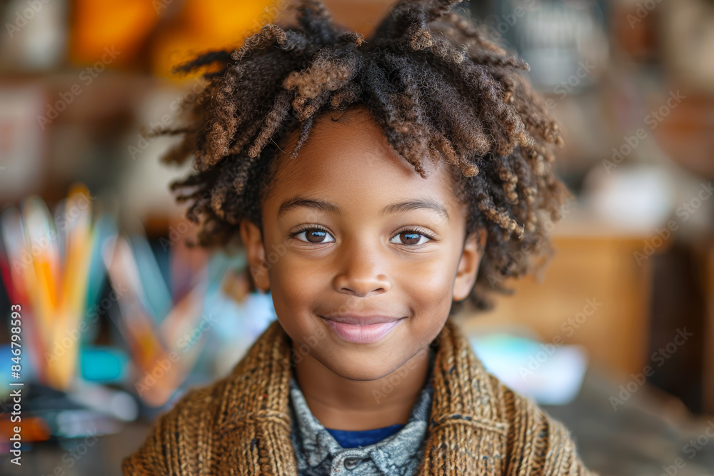 Smiling young boy with curly hair in a classroom setting. Back to School. Smiling young boy with curly hair in a classroom setting. Back to School.