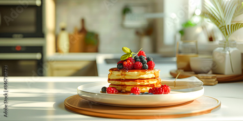 Imagen horizontal de un platillo de tanques o hot cakes con frutos rojos delicioso desayuno casero