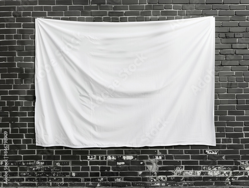 Hanging plain white blank canvas tapestry fabric POD product mockup black brick wall building dark background cozy rustic modern sign blanket art cloth textile template design large backdrop front