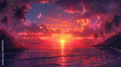 Watercolor Sunset painting with palm trees birds and orange sun