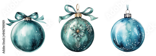 set clipart blue christmas tree ball decoration watercolor illustration png isolated on a transparent background, xmas clipart