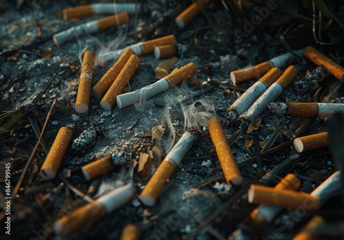 A close up of cigarette butts scattered on the ground, with smoke rising from them.