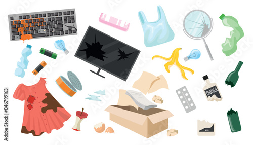 Set of trash, abandoned things in cartoon style. Vector illustration of smeared keyboard, cracked computer monitor, broken mirror, torn dress, bottles, banana peel and apple, box with old paper, comb.