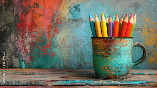 multiple color artist pencils in a cup photo