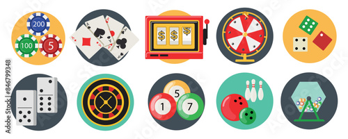 Set of circular gambling icons in cartoon style.Vector illustration of beautiful icons: chips, cards, slot machine, wheel of fortune, dice, dominoes,casino roulette, lottotron balls,badminton,lottery.