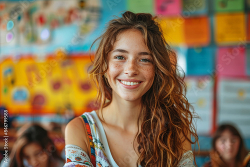 Smiling young woman with curly hair and freckles in a colorful classroom setting, symbolizing youth and happiness. Back to School.