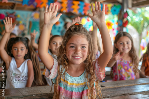Children raising hands in a lively classroom, representing active participation and engagement in learning. Back to School.