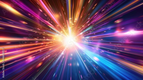 Abstract colorful light speed background with a blur effect and bright rays of the sun in the center