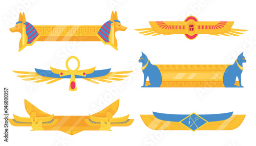 Set of beautiful Egyptian symbols in cartoon style. Vector illustration of Egyptian ornamental stripes: Anubis, scarab beetle, cats, cross, crossed scepter and whip isolated on white background.